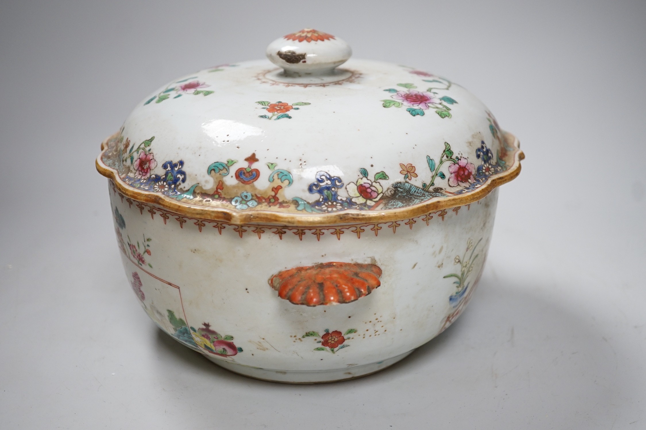 A Chinese famille rose ‘garden’ tureen and cover, Qianlong period, 19cms high